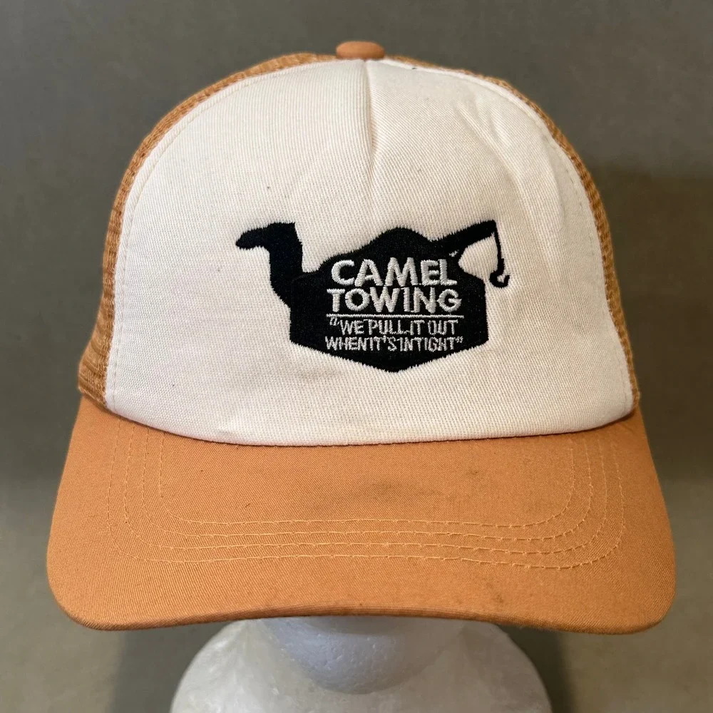 Camel Towing Funny Trucker Hat Tan White Mesh Snapback Novelty Cap